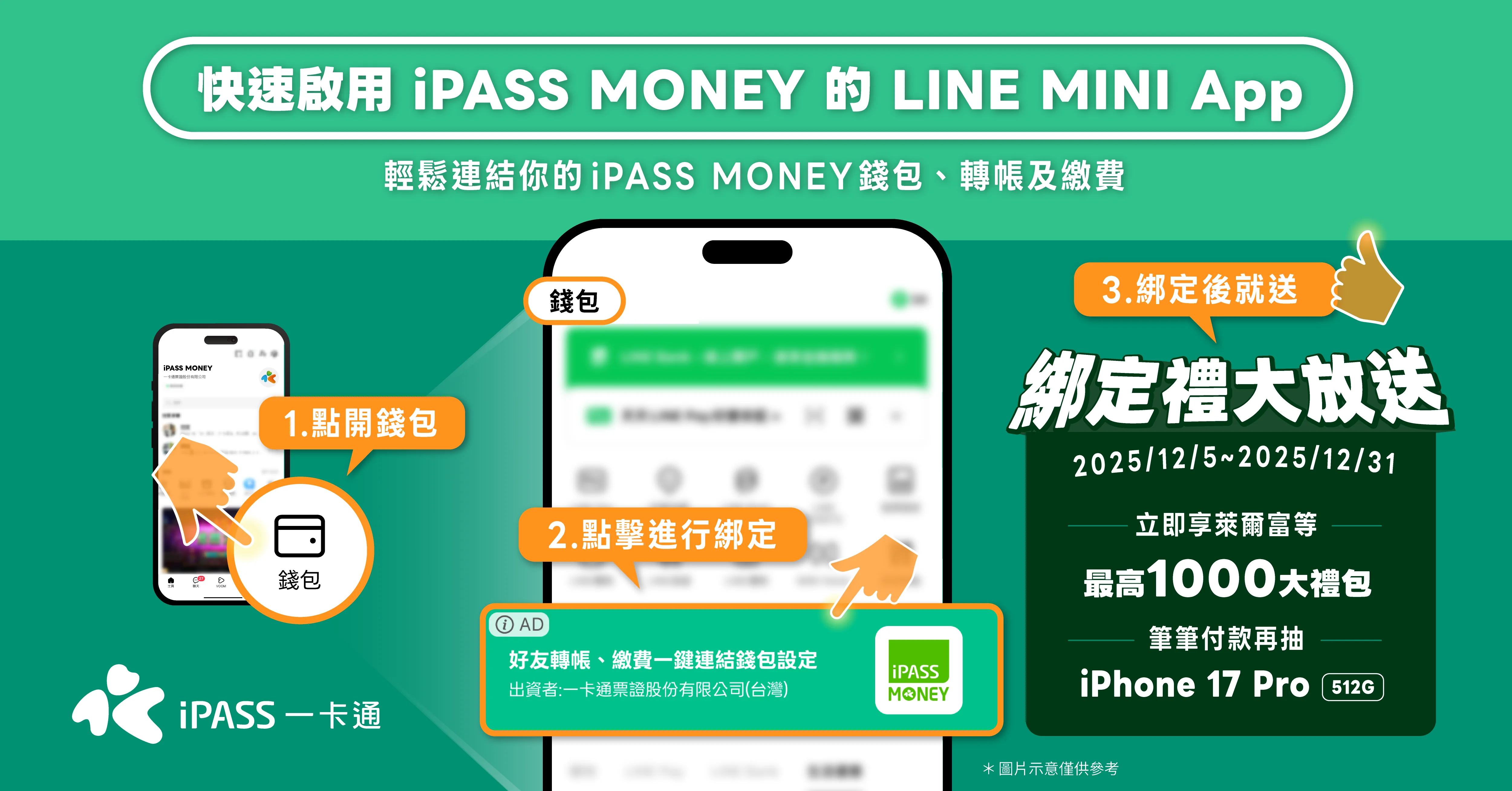 一卡通服務再升級  宣布啟用iPASS MONEY的LINE MINI App  綁定最高享千元大禮包再抽iPhone 17 Pro